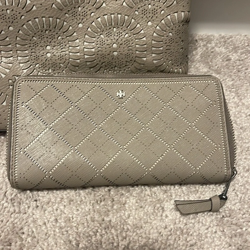 Tory Burch Taupe Perforated Tote and Wallet Set